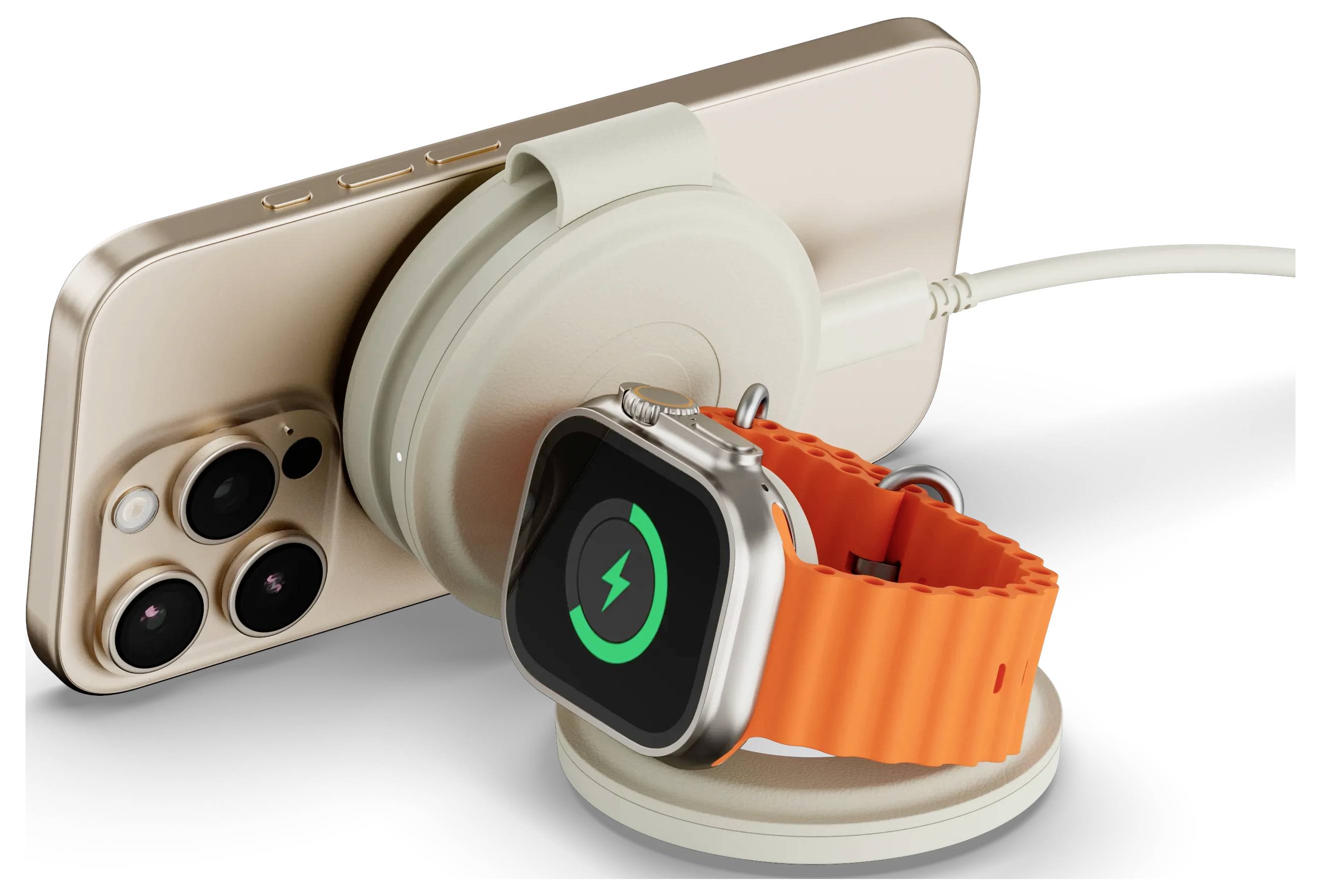 Smartphone und Smartwatch werden drahtlos auf einem dualen Wireless-Ladegerät aufgeladen; das Telefon steht aufrecht, während die Uhr ein Ladesymbol auf dem Bildschirm anzeigt.