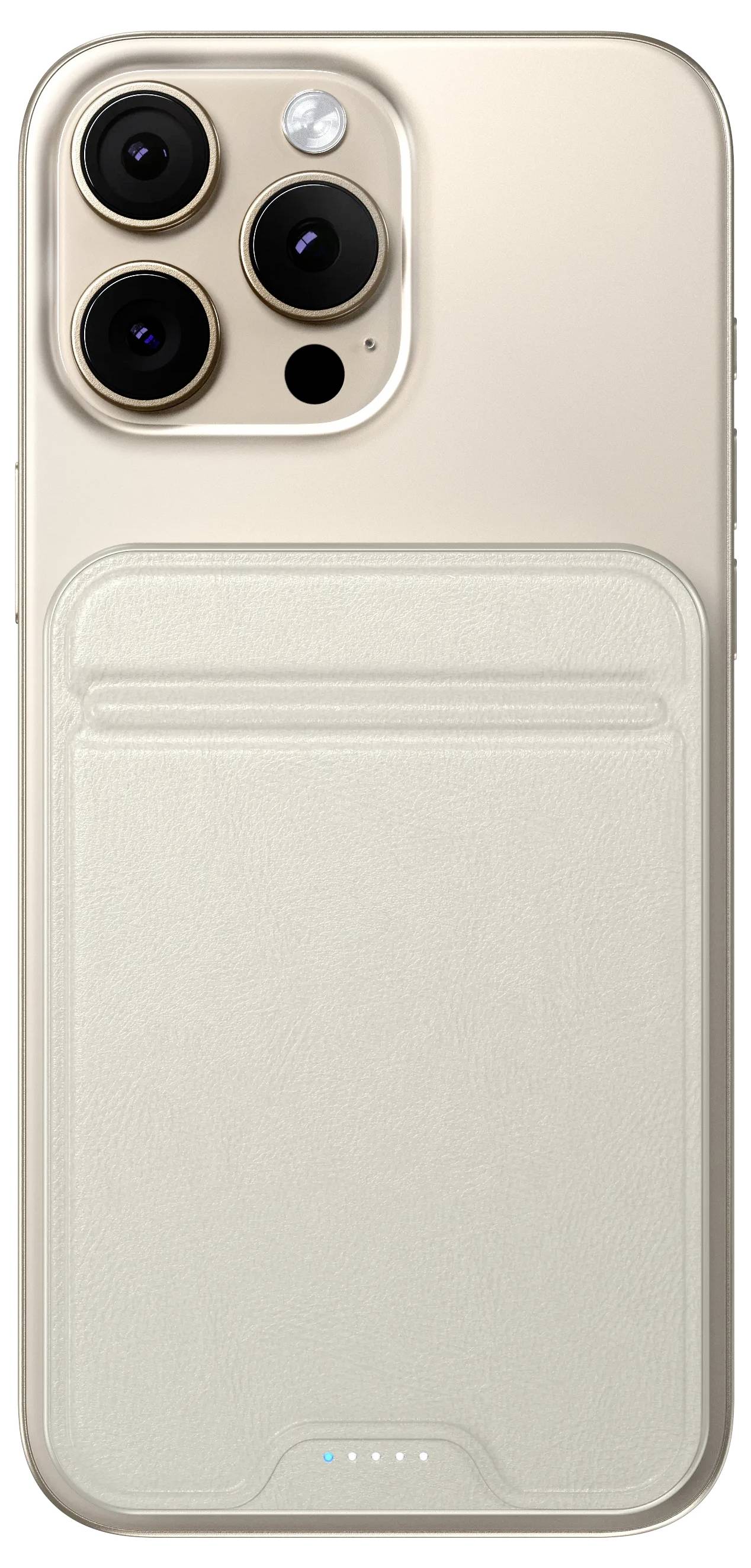 Ein goldenes Smartphone mit einer cremefarbenen Brieftasche auf der Rückseite befestigt. Das Telefon verfügt über ein Triple-Kamera-System und einen Blitz.