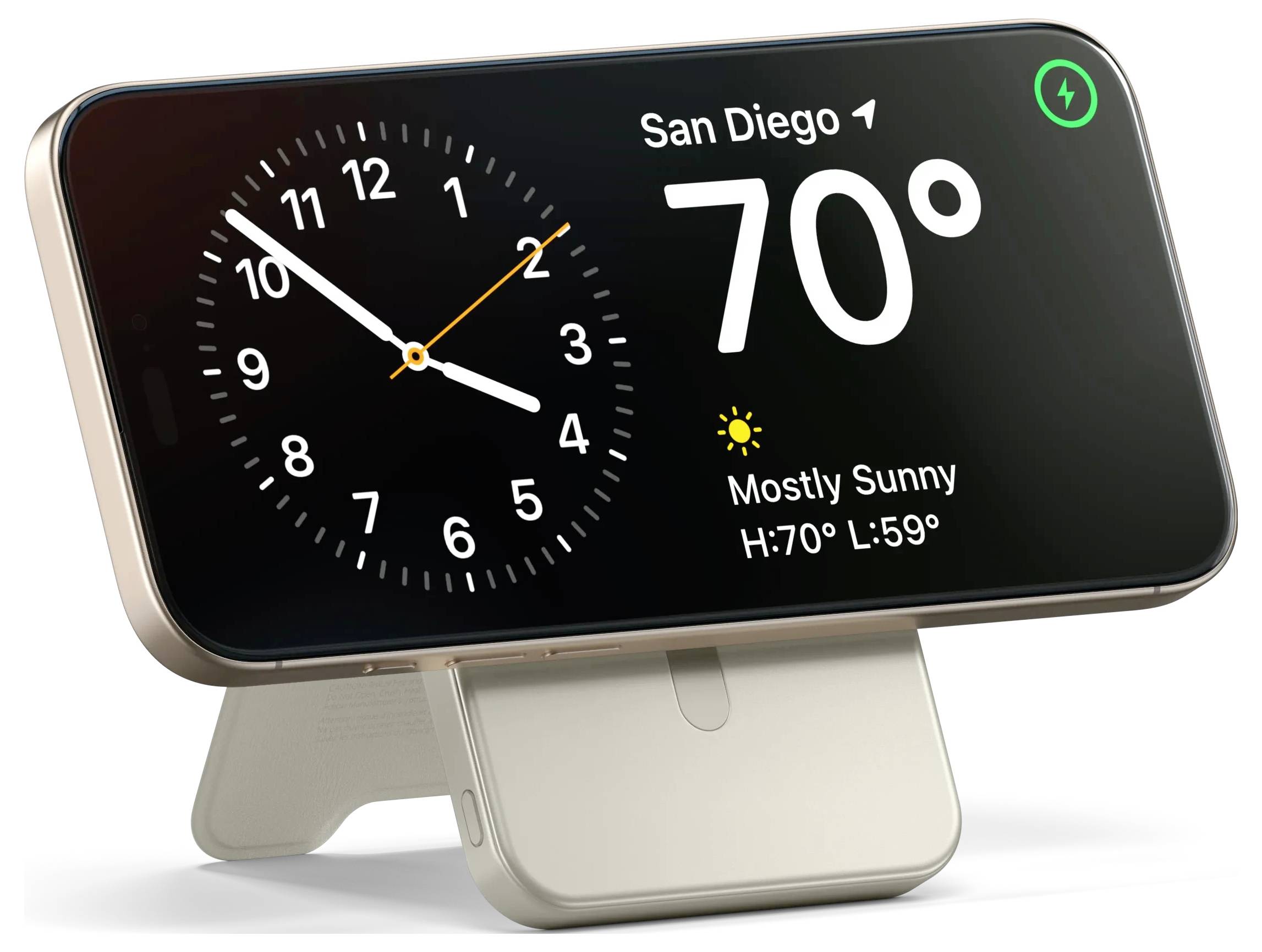 Smartphone auf einem Ständer zeigt eine große Uhr und Wetterinformationen an: „San Diego, 70°, Überwiegend sonnig, H: 70°, T: 59°.