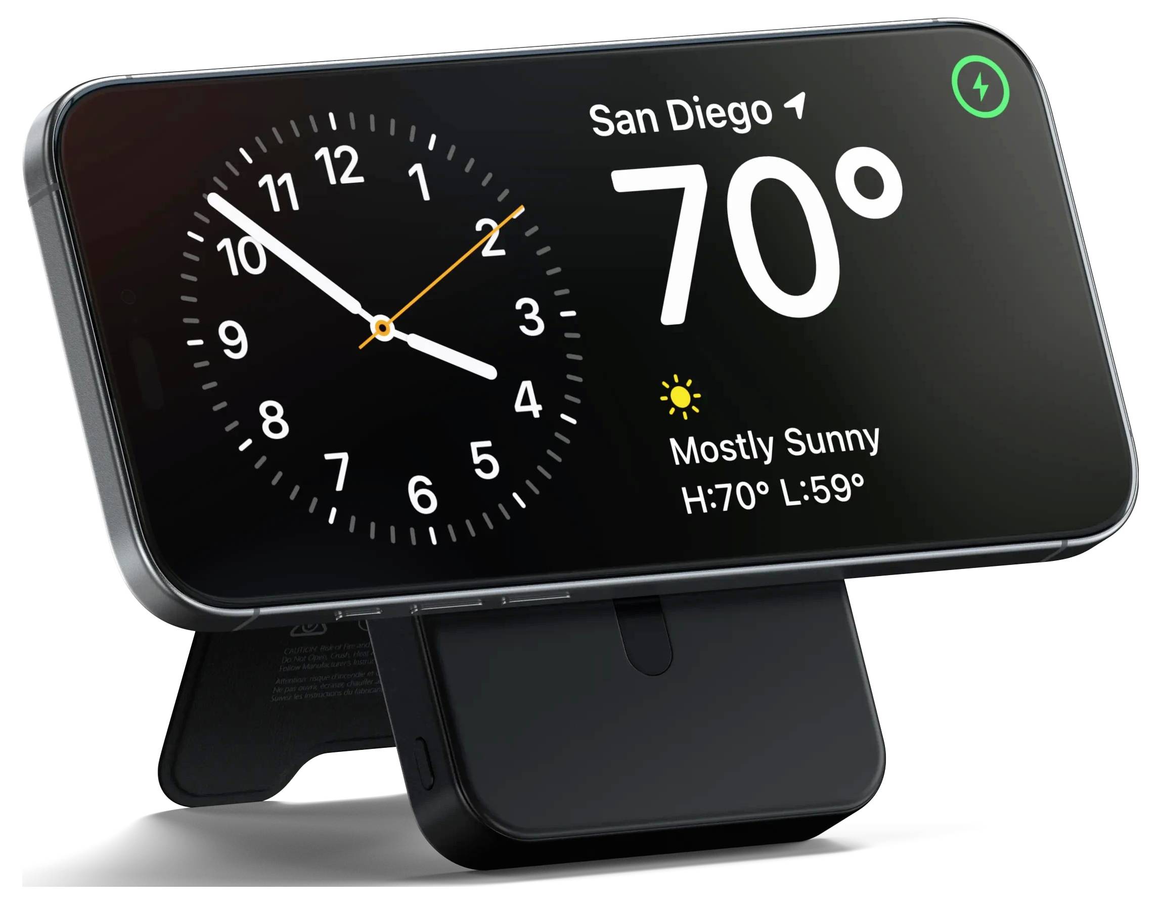 Smartphone zeigt eine Uhr- und Wetter-App an, auf der 'San Diego' mit einer Temperatur von 70°F und 'Größtenteils sonnig' angezeigt wird.