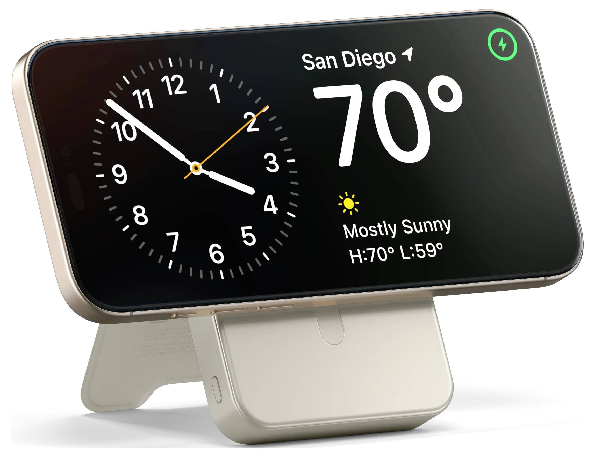 Ein Smartphone zeigt ein Uhr- und Wetter-Widget mit „San Diego