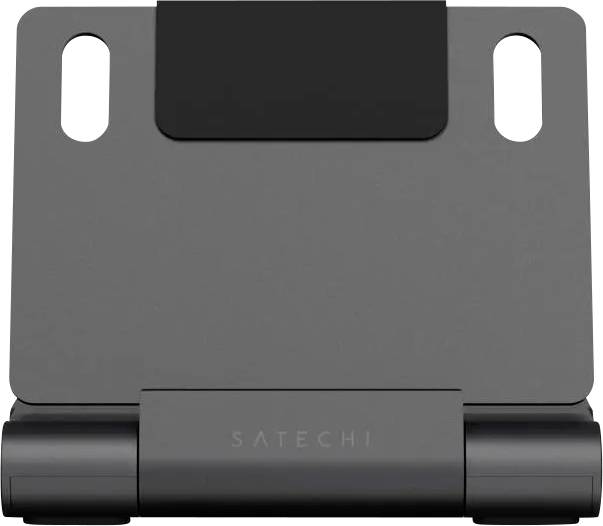 Grauer Satechi Laptop-Ständer oder Dockingstation mit erhöhter Rückenstütze, vorderer Basis und seitlichen Schlitzen für Belüftung oder Kabelzugang.