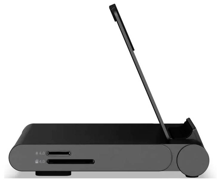 Tragbare schwarze Dockingstation mit klappbarem geneigtem Display-Ständer und USB-Anschlüssen an der Vorderseite, dargestellt auf weißem Hintergrund.