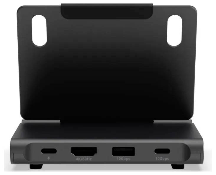 Kompakte schwarze Dockingstation oder Hub mit hinterem Ständer und vier vorderen Anschlüssen, einschließlich 4K/60Hz, 10Gbps und USB-C-Verbindungen.