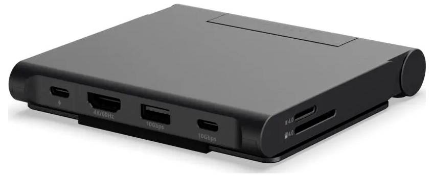 Schwarzes rechteckiges elektronisches Gerät mit abgerundeten Kanten und mehreren vorderen und seitlichen Anschlüssen, dargestellt in einer gewinklten Produktansicht auf weißem Hintergrund