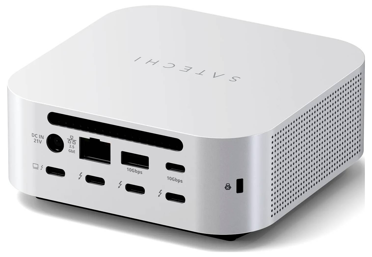 Silberner Satechi Desktop-Hub mit vorderen Anschlüssen: 21V DC-Eingang, Ethernet, USB-C, vier USB-Anschlüsse und Belüftung an der Seite.