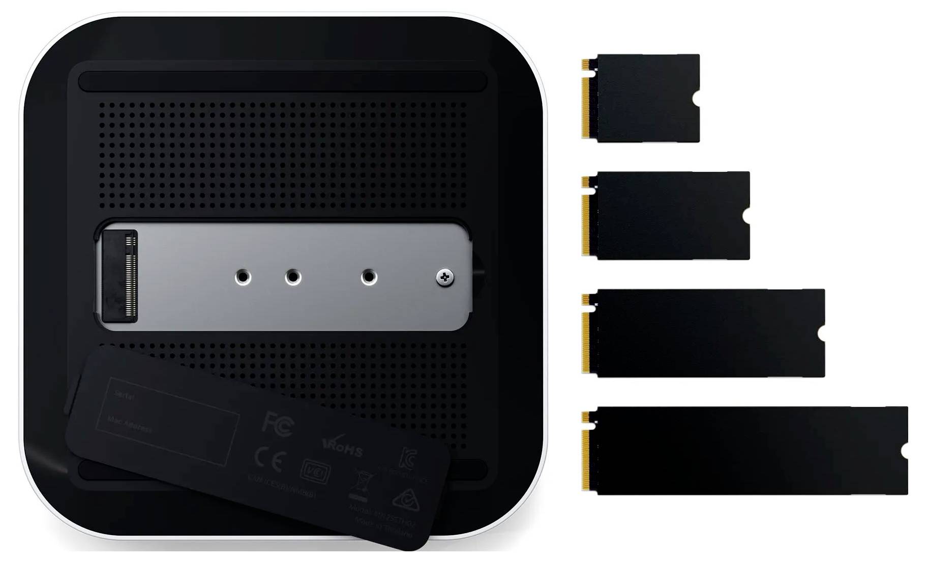 Abbildung einer schwarzen Geräterückseite mit einem silbernen Batteriefach und vier unterschiedlich großen Batterieoptionen, die auf der rechten Seite dargestellt sind.