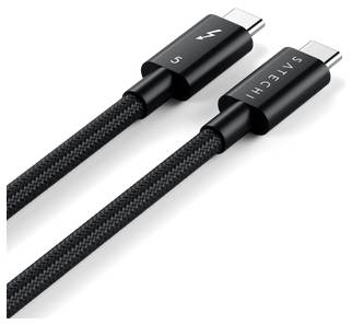 Zwei schwarze USB-C-Kabel mit geflochtener Textur, beschriftet mit '5' und 'Satechi', mit Thunderbolt- und Standard-Steckverbindern.
