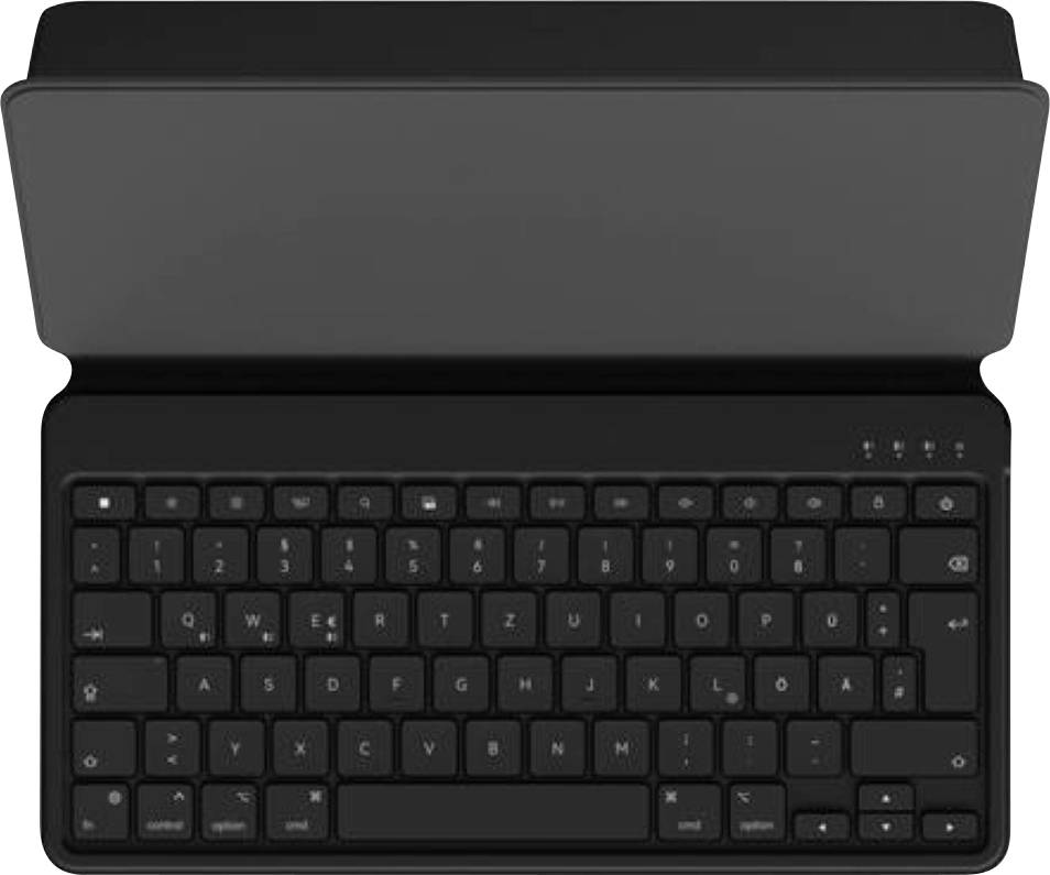 Schwarze Tablet-Tastaturhülle mit integriertem Cover, aufgeklappt, zeigt eine kompakte QWERTY-Tastatur.