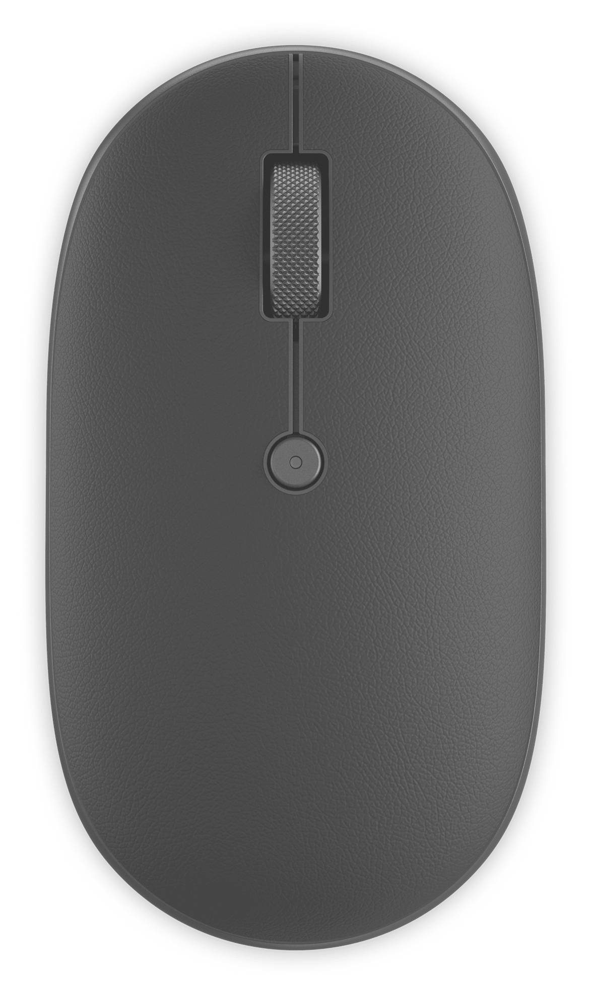 Eine schwarze, kabellose Computermaus von oben fotografiert, die ihr Scrollrad und ihr elegantes Design hervorhebt.