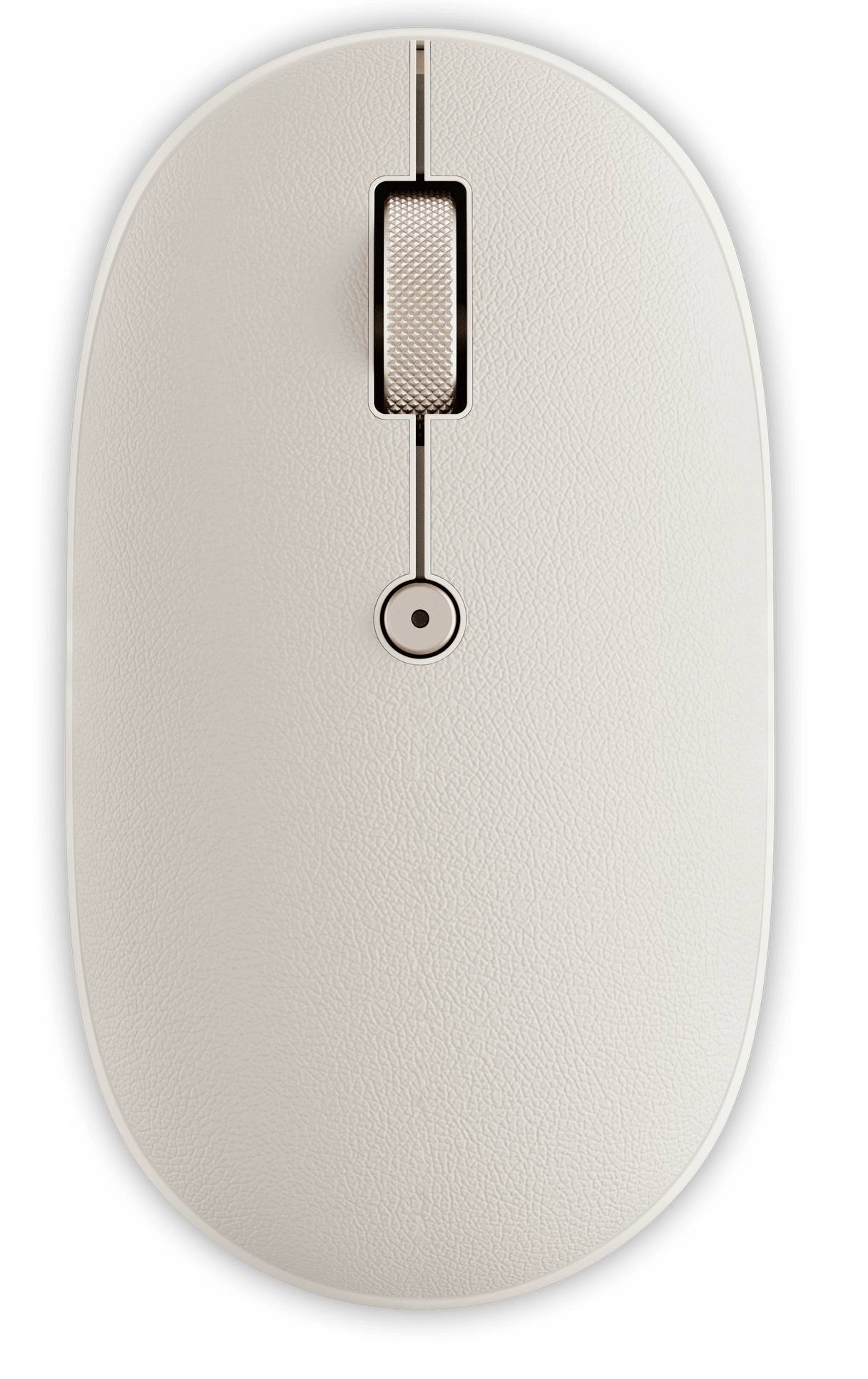 Eine weiße Computermaus, von oben betrachtet, mit einem zentralen Scrollrad und einer einzelnen Taste unterhalb des Rades.
