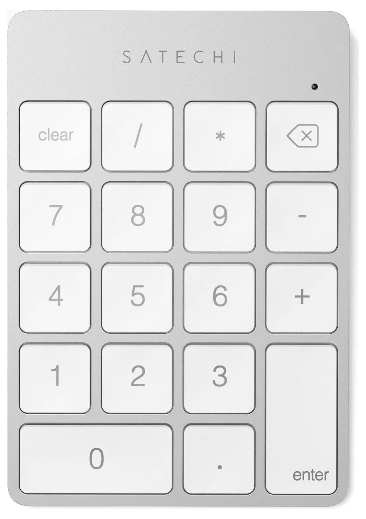 Eine graue numerische Tastatur mit Zahlen und Funktionstasten, einschließlich 'Löschen', 'Eingabe', Addition, Subtraktion, Multiplikation und Division.