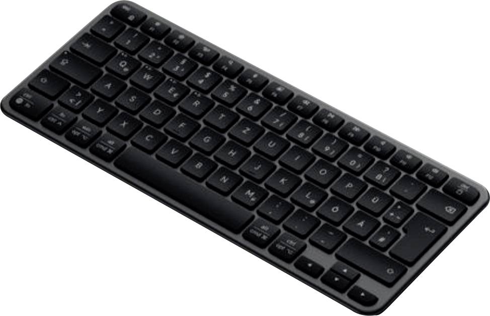 Schwarze kabellose Computertastatur in Winkelposition auf weißem Hintergrund.