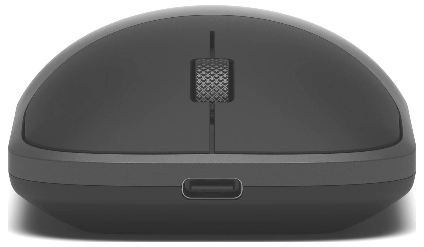 Eine schwarze Computermaus mit einem Scrollrad, von vorne betrachtet, mit einem USB-C-Ladeanschluss unter dem Rad.