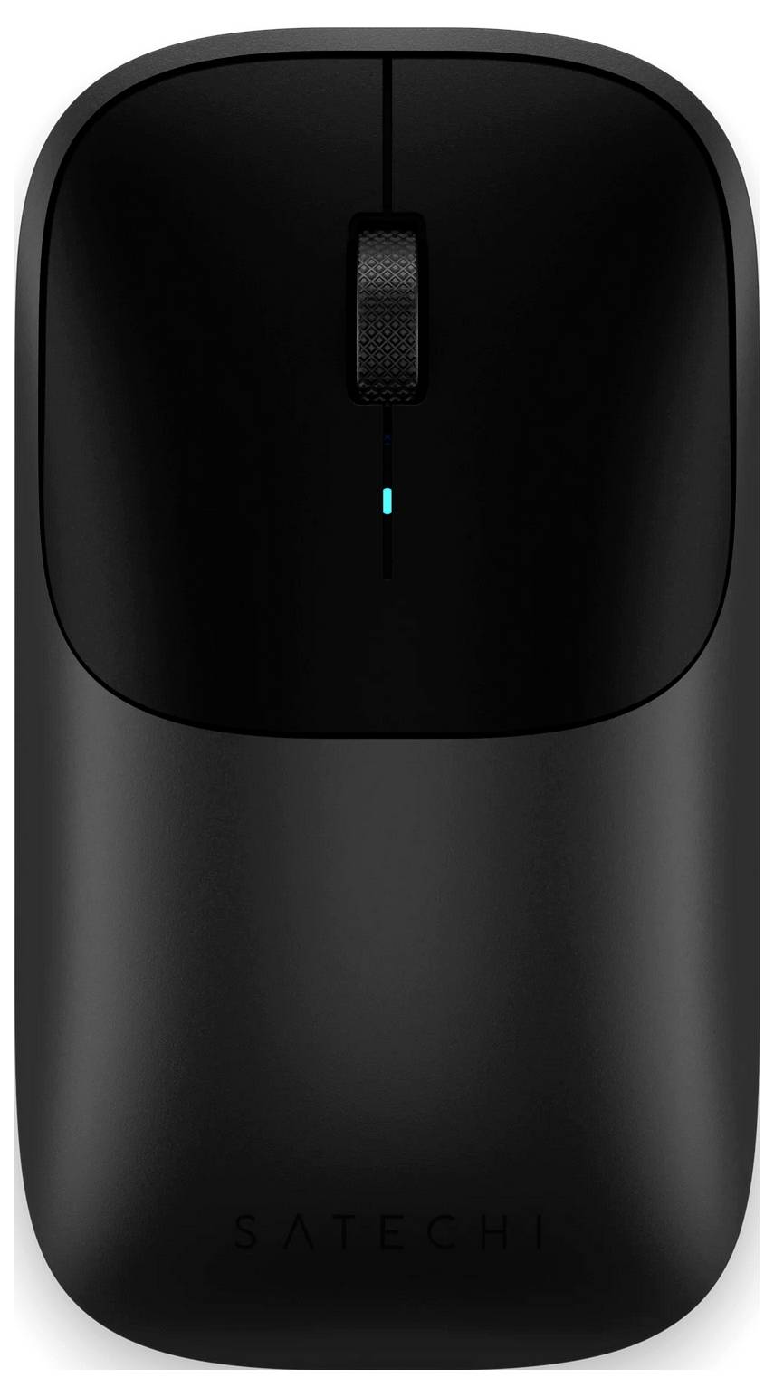 Eine elegante schwarze Computermaus mit einem Scrollrad, LED-Anzeige und „Satechi