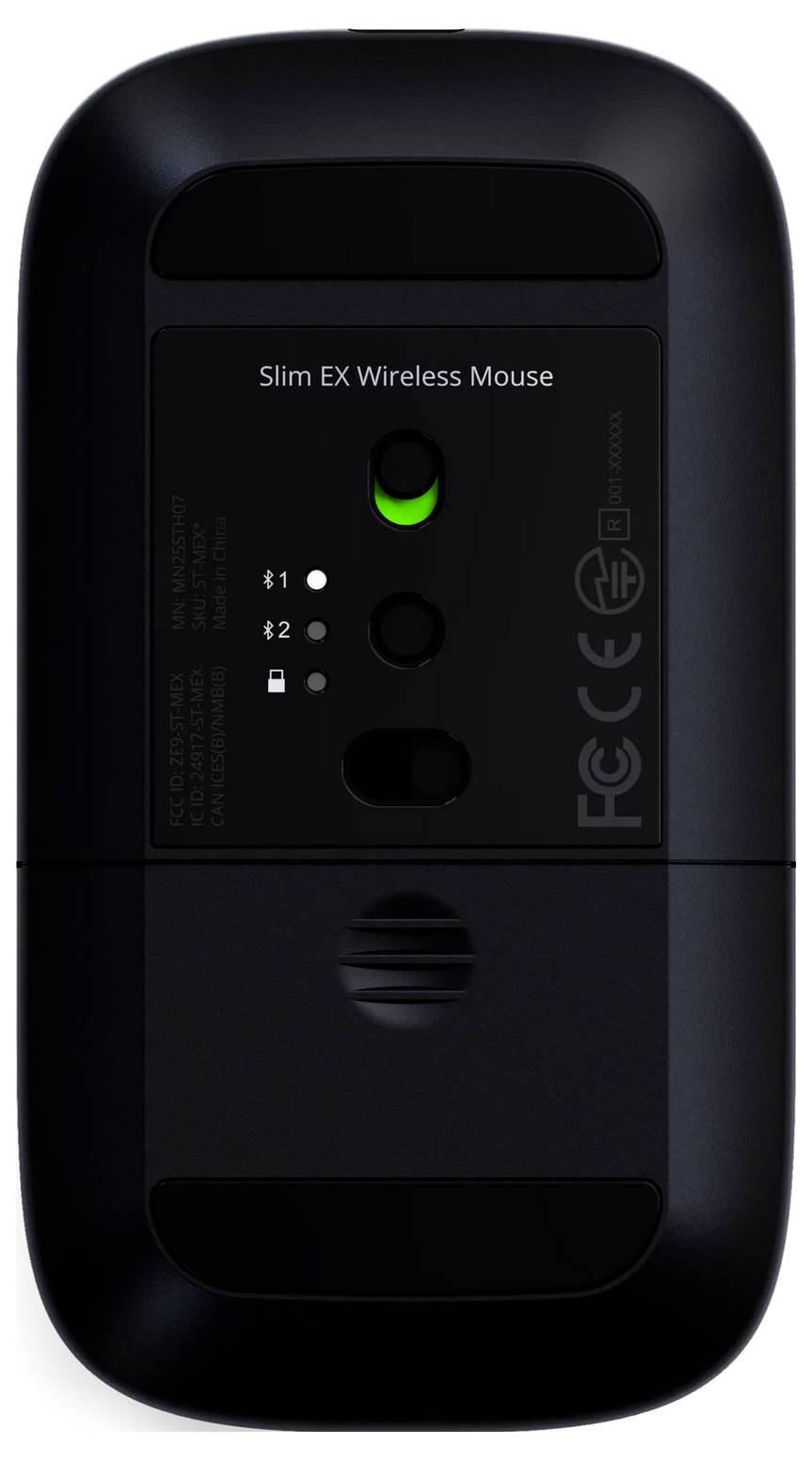 Eine schwarze Slim EX Wireless-Maus, die ihre Unterseite zeigt, mit einer grünen Kontrollleuchte und programmierbaren Tasten mit den Beschriftungen „#1