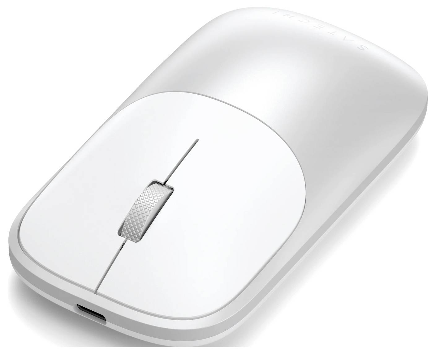 Eine elegante weiße kabellose Computermaus mit einem Scrollrad und einem USB-C-Ladeanschluss an der Vorderseite.