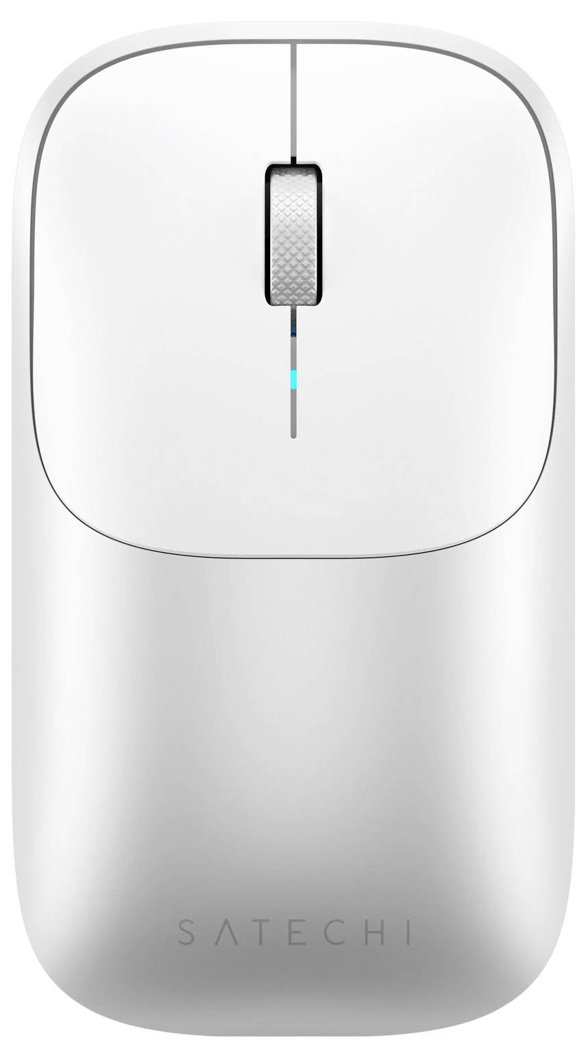 Elegante weiße kabellose Computermaus mit grauem Scrollrad, charakterisiert durch minimalistisches Design, mit der Bezeichnung „Satechi