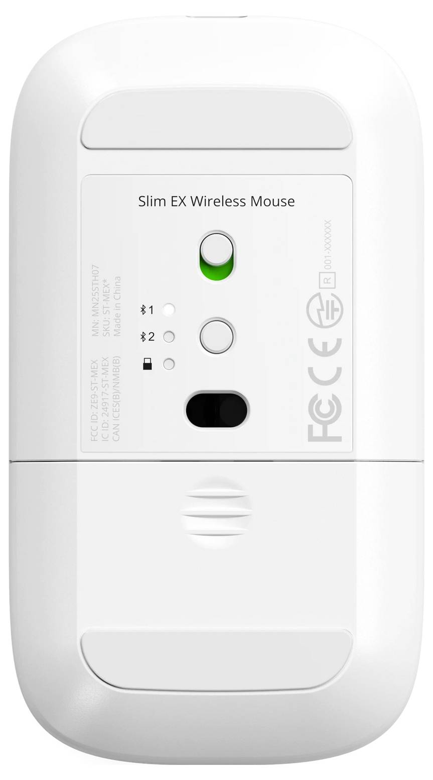 Das Bild zeigt die Unterseite einer weißen kabellosen Maus mit der Aufschrift „Slim EX Wireless Mouse