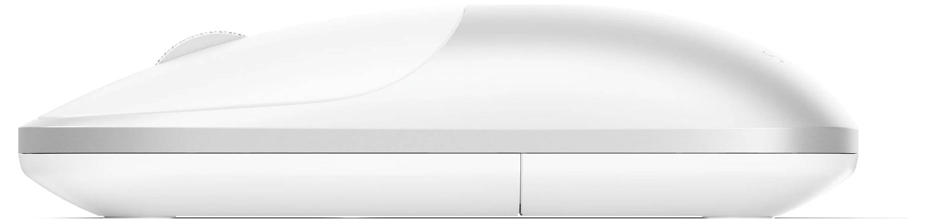 Eine weiße Computermaus mit schlankem, minimalistischem Design, von der Seite gezeigt.