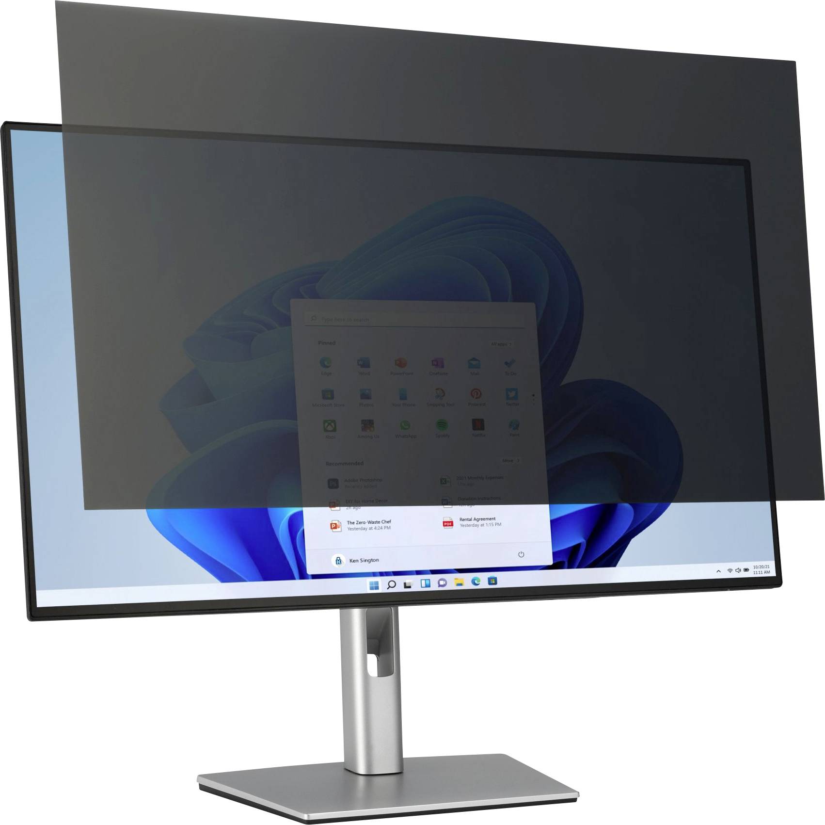 Ein Computermonitor mit einem Datenschutzfilter, der die Sichtbarkeit des Bildschirms aus Seitenwinkeln reduziert, wird auf einem einfachen grauen Ständer mit unscharfem Hintergrund gezeigt.