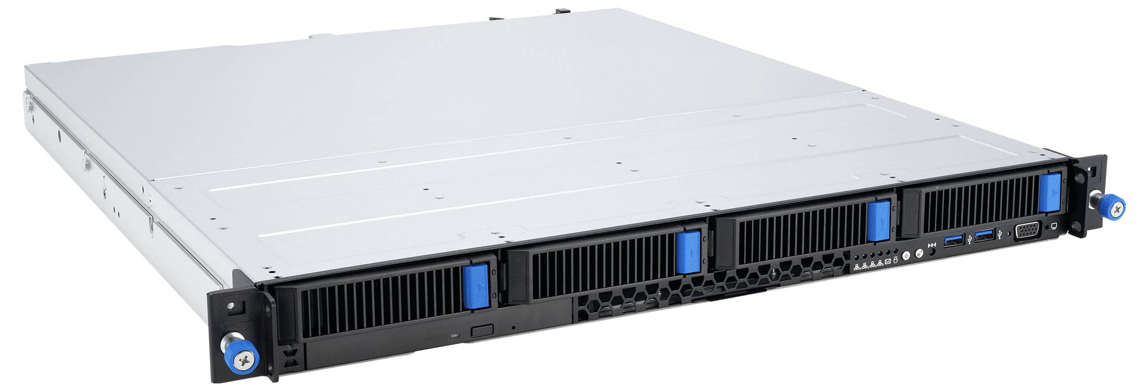 Ein flaches, metallisches Server-Rack mit mehreren Festplattenschächten, die blaue Entriegelungslaschen aufweisen. Es ist für Datenspeicherung und Datenverarbeitungsaufgaben konzipiert.