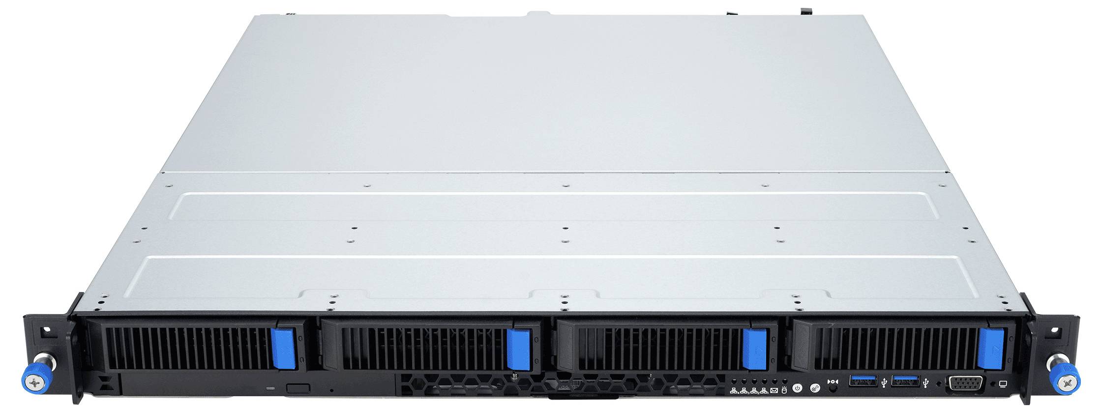Eine Serverrackeinheit mit Metallgehäuse, die mehrere vordere Belüftungsschlitze und blaue Griffe aufweist und für effiziente Kühlung und Zugänglichkeit konzipiert ist.