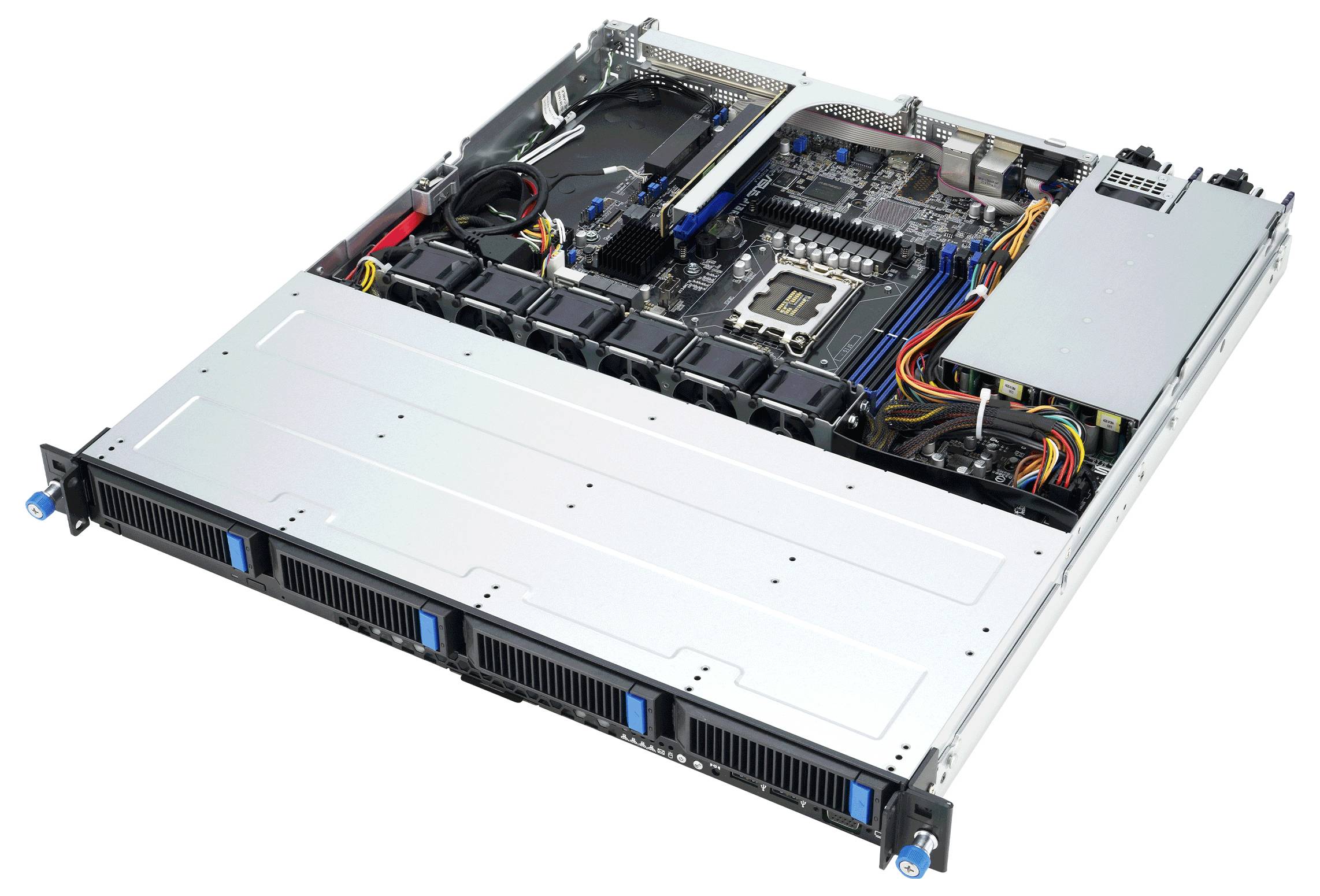 Ein Computerserver mit offener Metallgehäuse, das das Motherboard, den Prozessor, Kühlventilatoren und verschiedene verbundene Kabel zeigt.