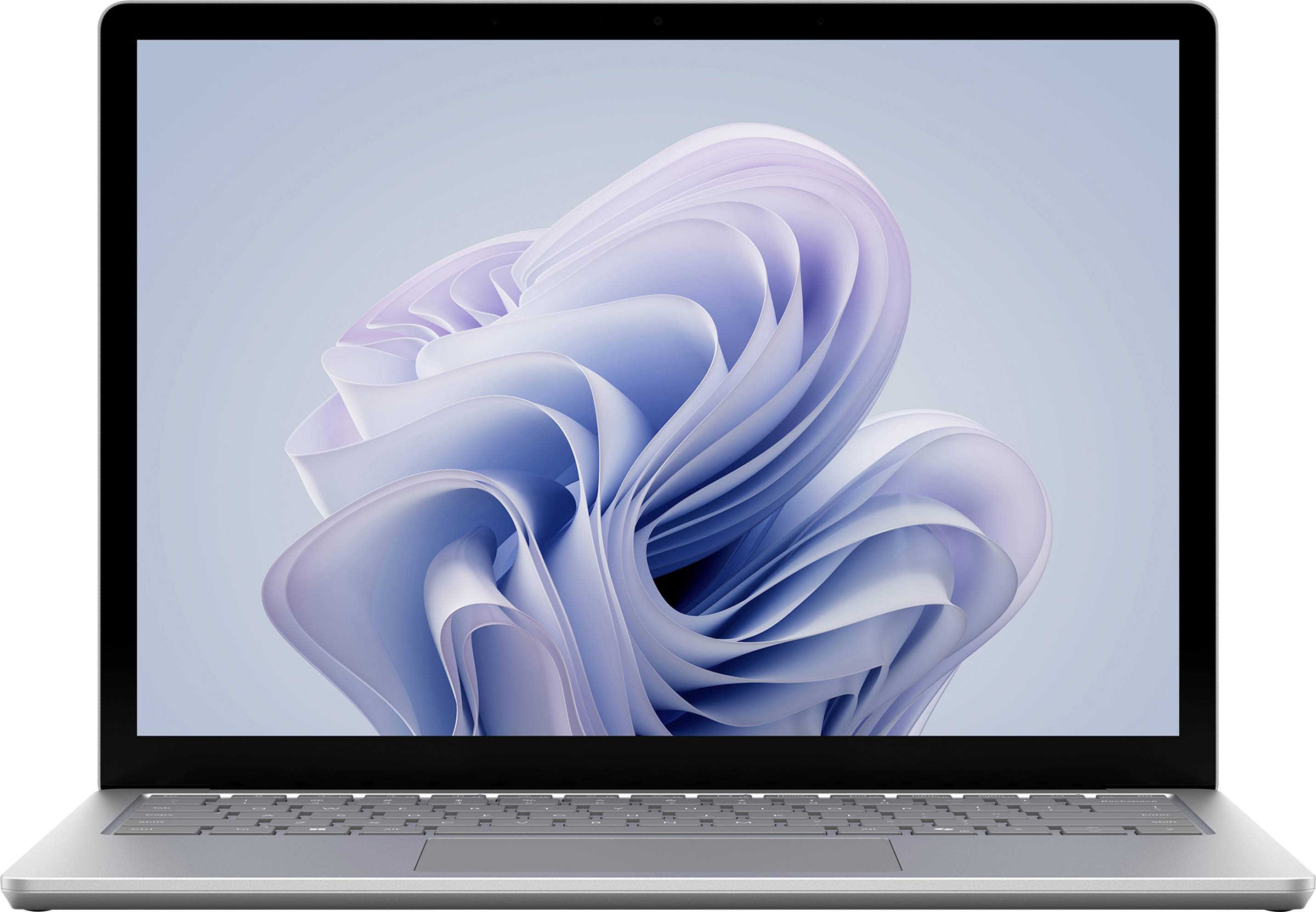 Ein Laptop, auf dessen Bildschirm ein blau-weißes abstraktes Wirbelmuster angezeigt wird.