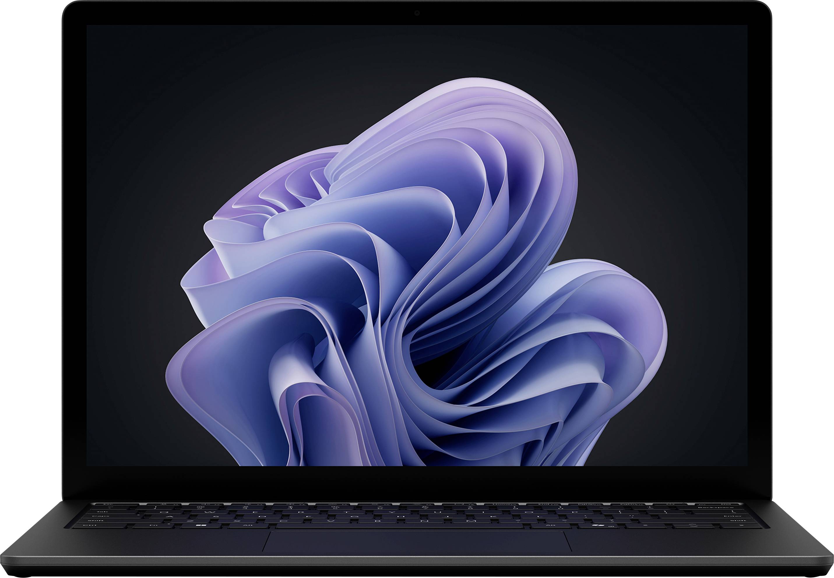 Ein Laptop, auf dessen Bildschirm ein abstraktes, blau und violett gewirbeltes Design angezeigt wird, vor einem dunklen Hintergrund.