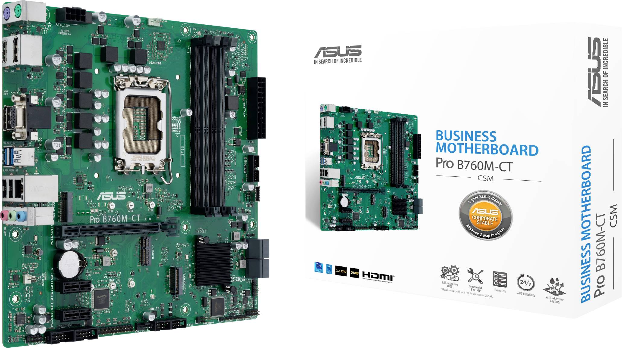 ASUS Business Motherboard Pro B760M-CT CSM wird mit einem großen Platinen-Foto und einer Retail-Box gezeigt, wobei der Produktname und das Modell hervorgehoben werden.