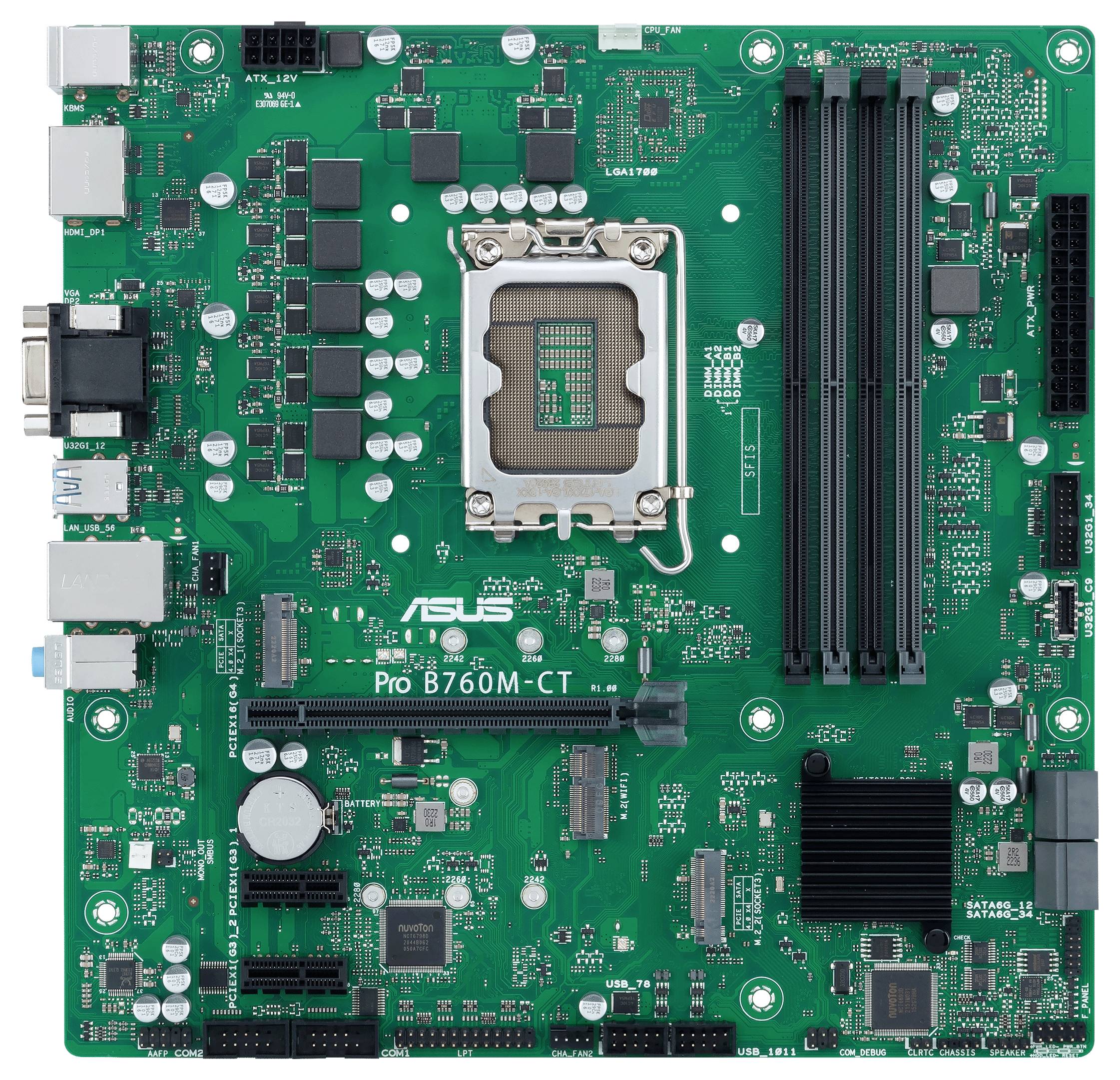 ASUS Pro B760M-CT Computer-Mainboard mit sichtbarem CPU-Sockel, RAM-Steckplätzen, PCIe-Steckplätzen und hinteren E/A-Anschlüssen
