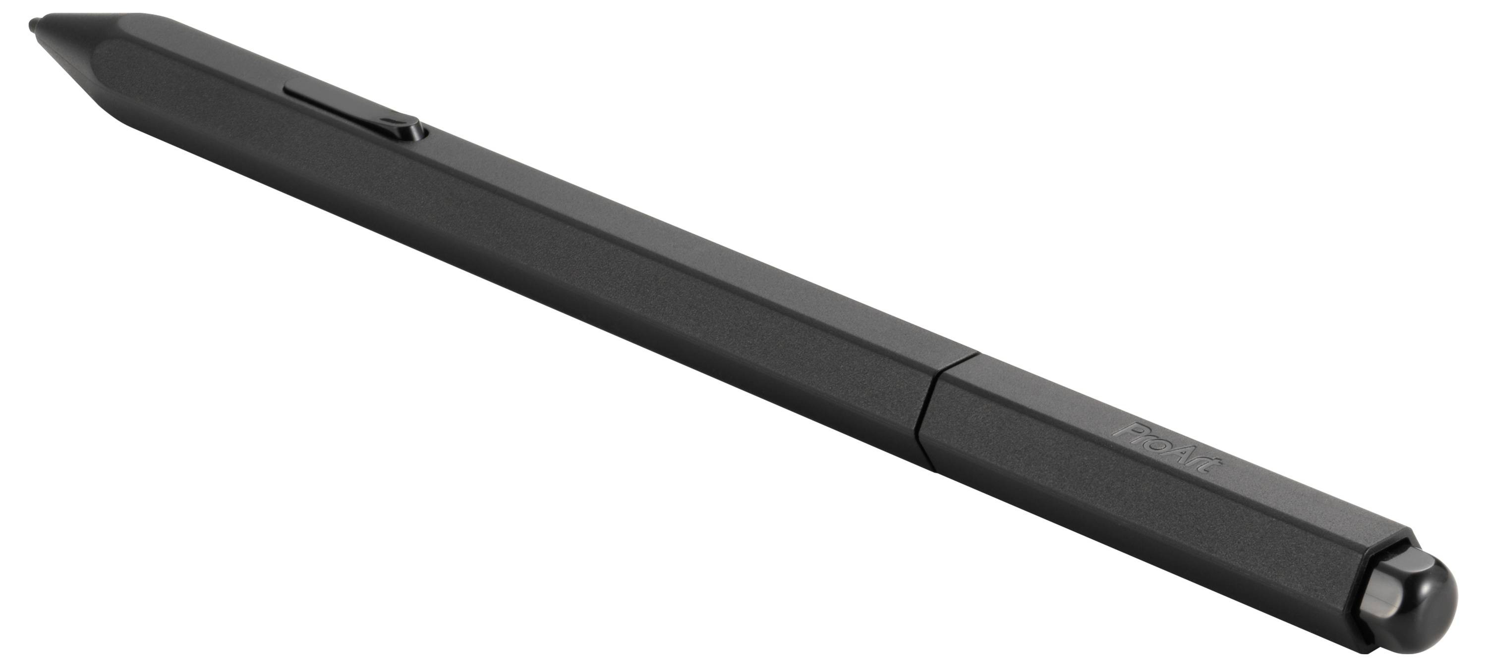 Ein schwarzer Stift mit schlankem, kantigem Design und einer Klammer auf einer Seite.