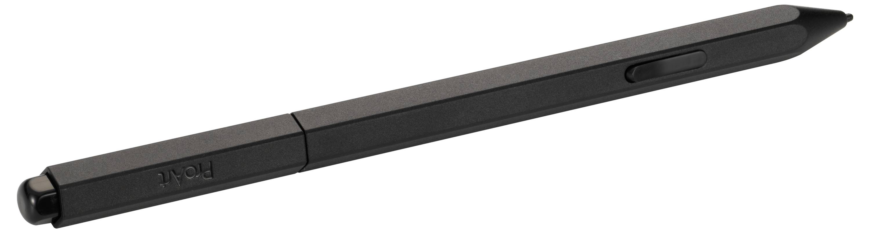 Ein schwarzer Stift mit Knopf, speziell für Touchscreens entwickelt, auf weißem Hintergrund abgebildet.