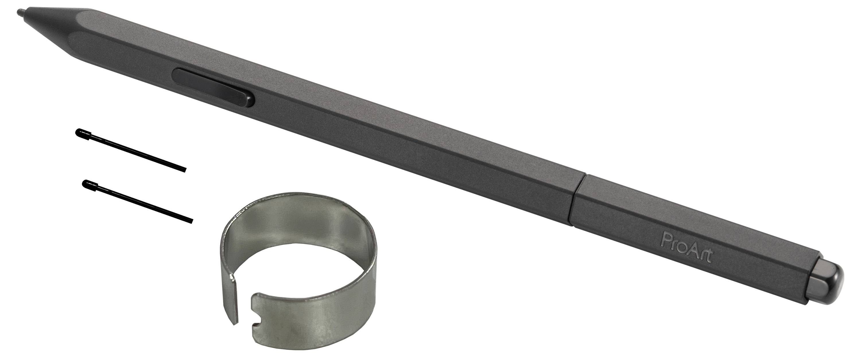 Ein digitaler Eingabestift mit zwei kleinen Ersatzspitzen und einem Metallclip, geeignet zur Verwendung mit Tablets und Touchscreen-Geräten.