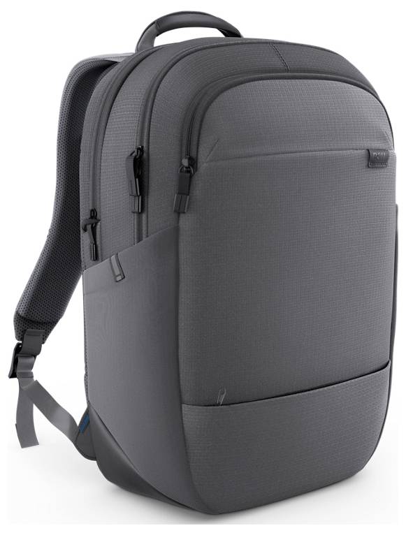 Ein eleganter, grauer Rucksack mit mehreren Reißverschlussfächern und verstellbaren, gepolsterten Trägern, entworfen für Funktionalität und Komfort.