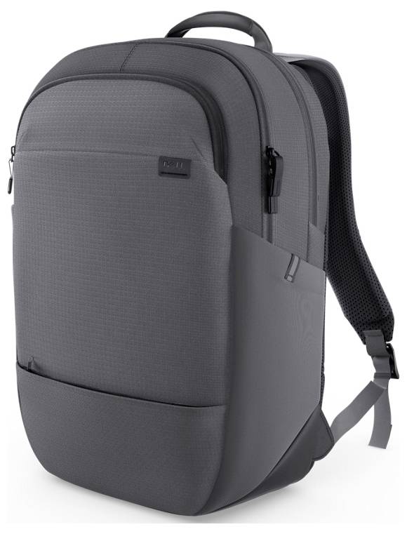 Ein schlanker, grauer Rucksack mit mehreren Fächern und einem Tragegriff oben, entworfen für städtische Nutzung oder Reisen.