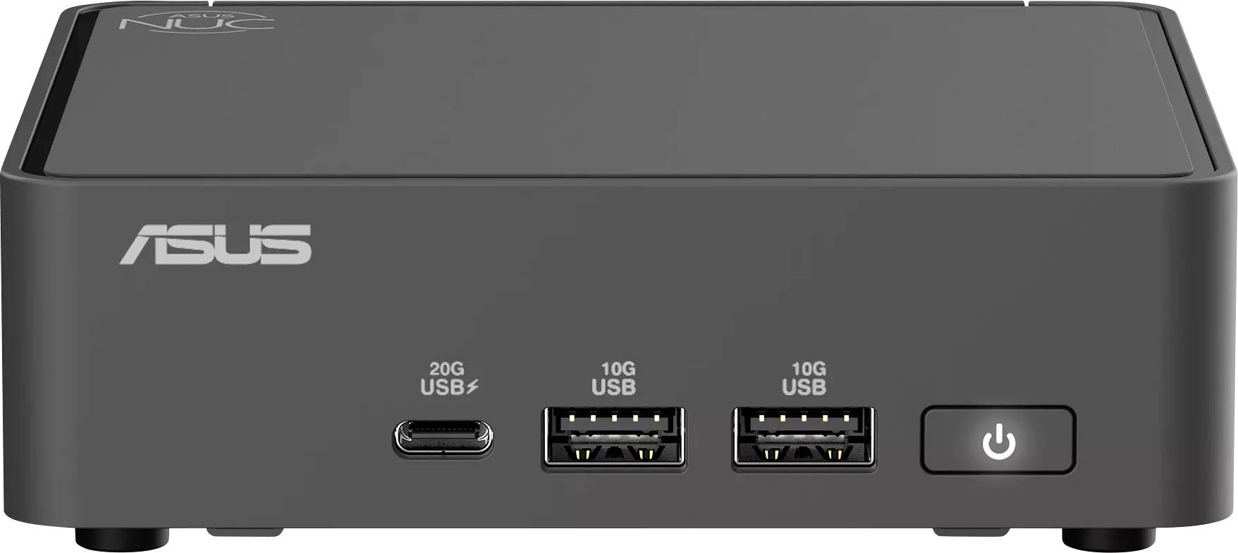 Ein kompakter ASUS-Computer mit sichtbaren Anschlüssen, darunter USB-C und USB-Anschlüsse, sowie einem Stromknopf auf der Frontplatte.
