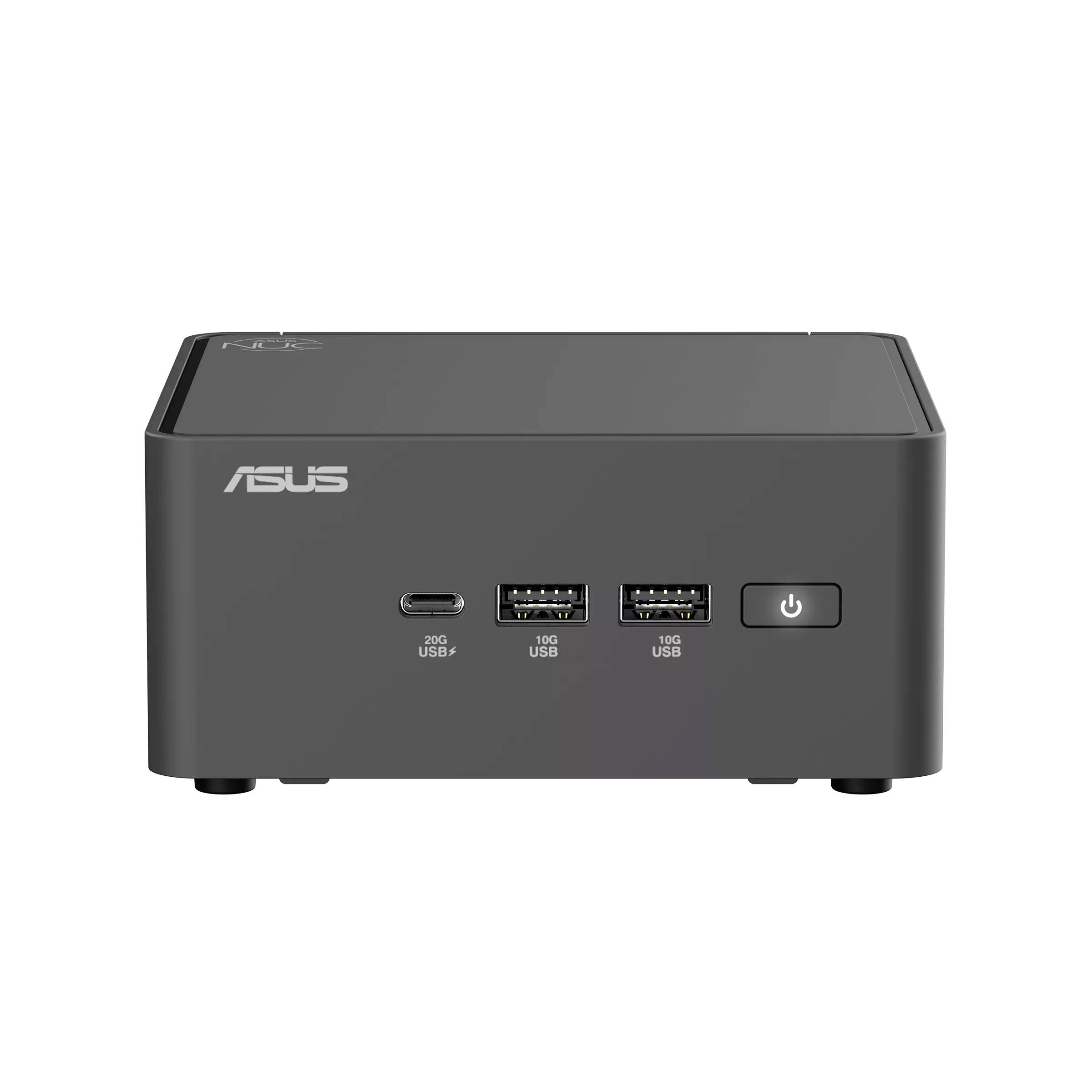 Vorderansicht eines schwarzen ASUS Mini-PC mit USB-C, zwei USB-Anschlüssen und einem Stromknopf auf der Frontblende.