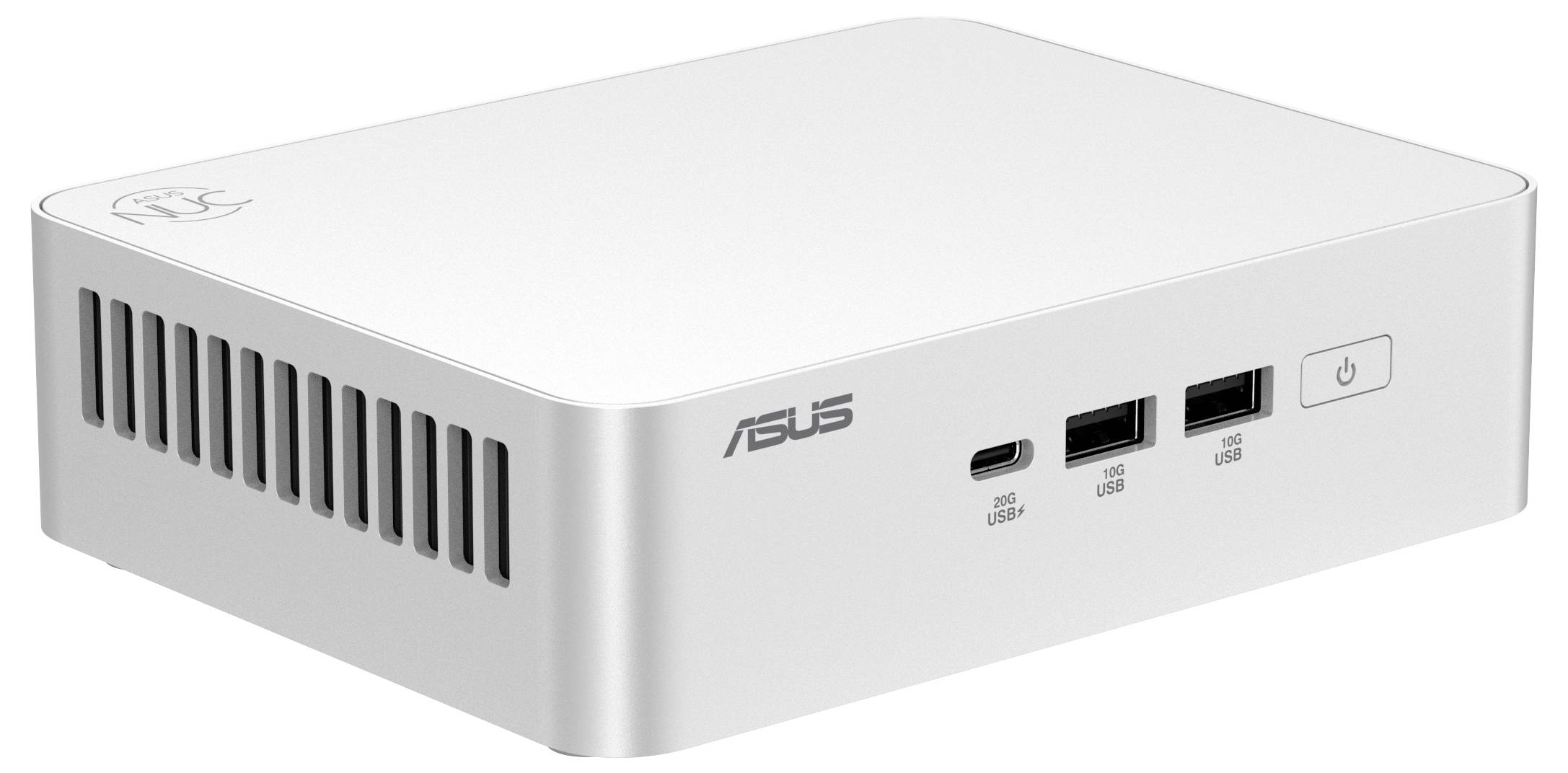 Ein kompaktes, rechteckiges weißes Gerät mit Belüftungsschlitzen an der Seite, Asus-Logo, zwei USB-Anschlüssen und einem Netzschalter an der Vorderseite.