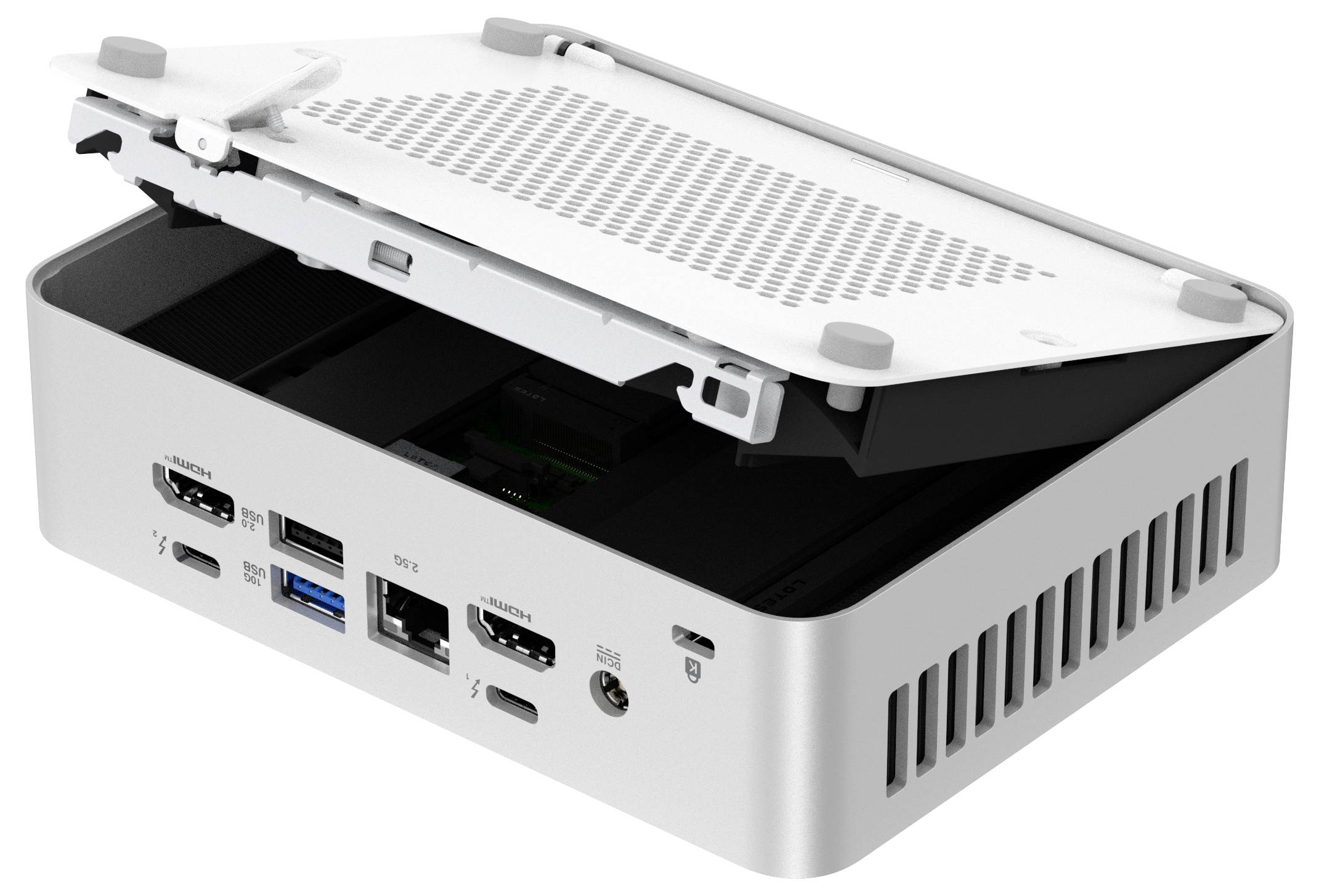 Ein kompaktes Computergehäuse ist geöffnet und zeigt interne Anschlüsse, darunter USB, HDMI und Stromstecker, mit sichtbaren Belüftungsschlitzen.