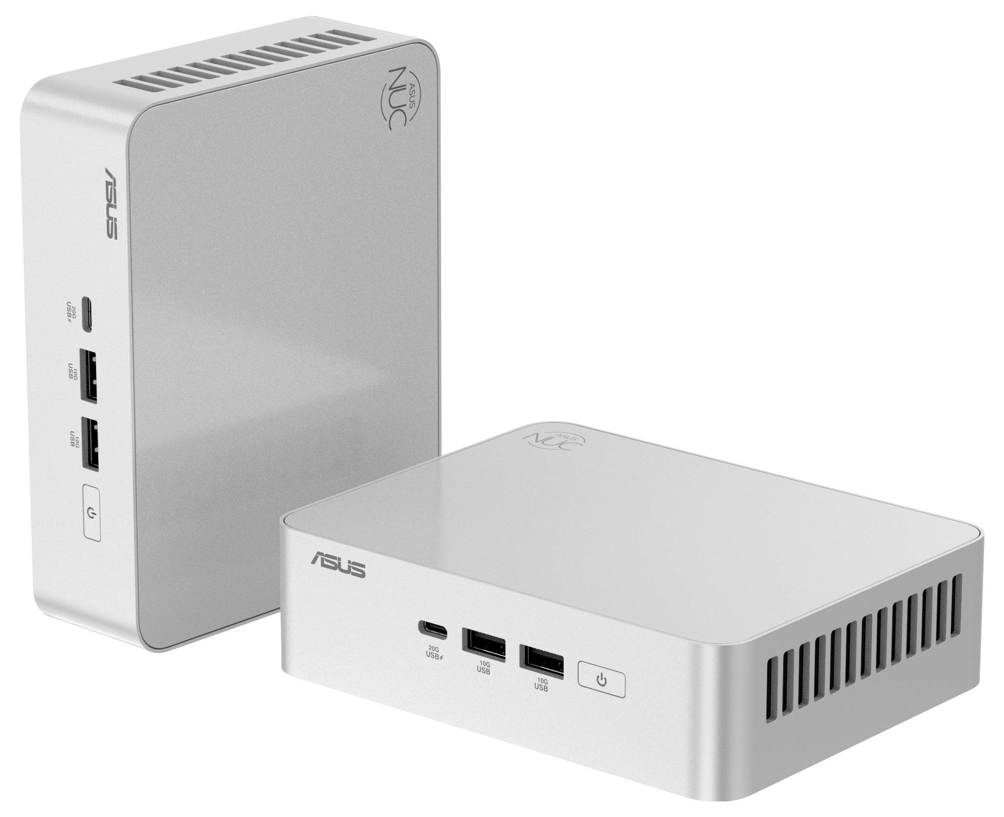 Zwei kompakte silberfarbene Asus NUC-Computer. Einer steht aufrecht und zeigt die Seitenports an; der andere liegt flach und zeigt die Frontports und den Stromknopf an.