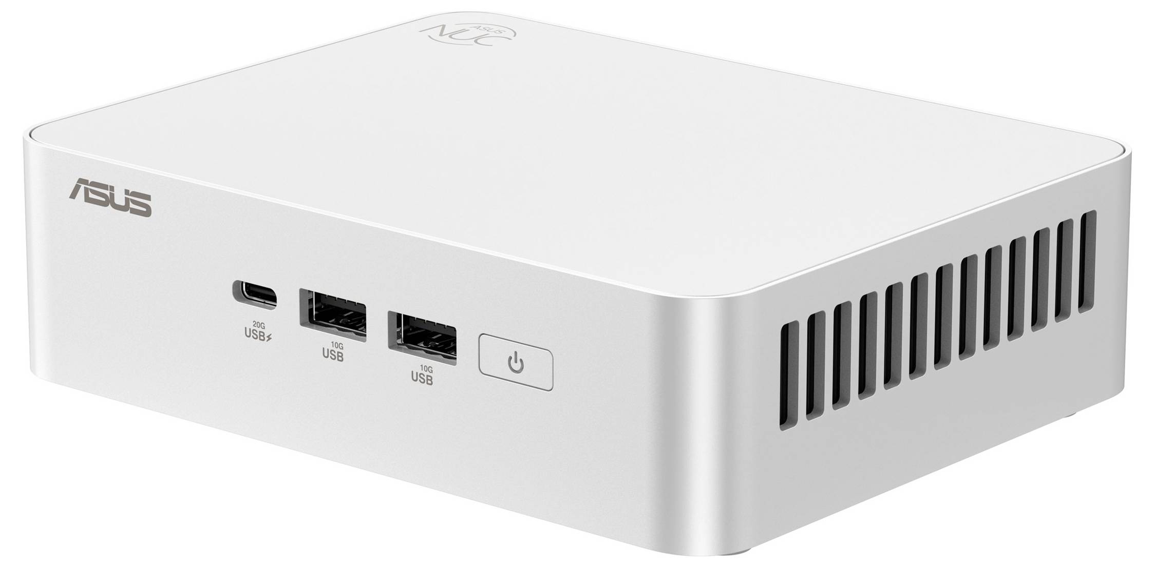 Weiß Mini-PC von Asus mit Frontanschlüssen und Stromschalter, verwendet für kompaktes Computing.