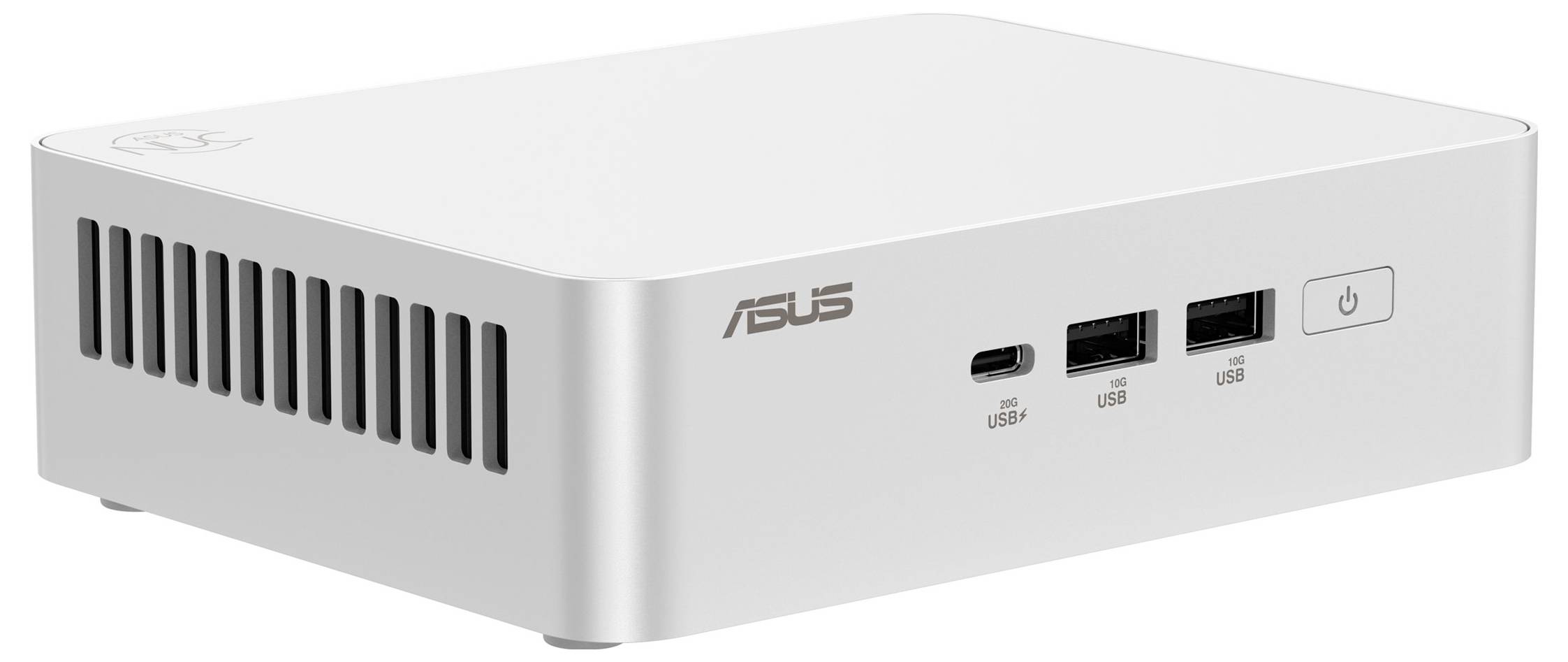 Ein kompaktes, weißes ASUS-Desktopgerät mit USB-Anschlüssen und einem Stromknopf auf der Vorderseite, ausgestattet mit Belüftungsschlitzen an der Seite zur Kühlung.