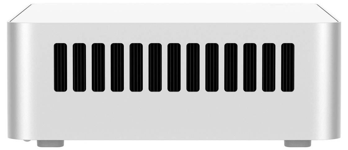 Ein kleiner, silberner Desktop-Computer mit minimalistischem Design und vertikalen Belüftungsschlitzen an der Vorderseite.