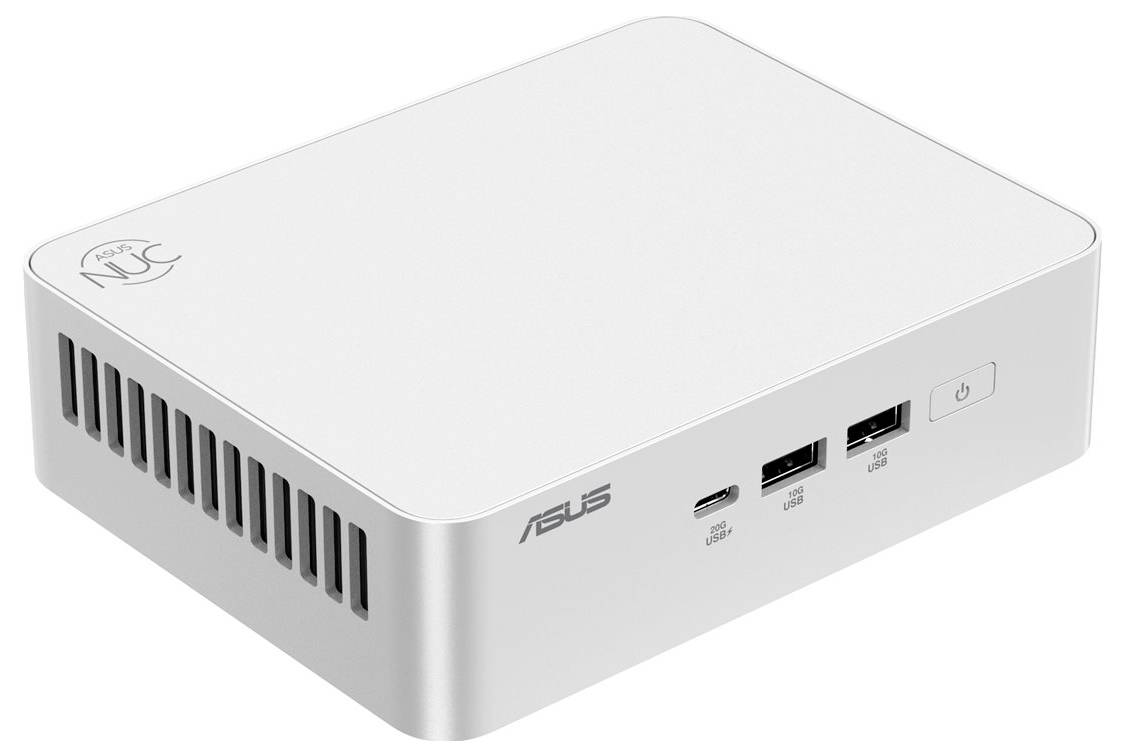 Ein kleiner weißer Mini-PC mit dem „Asus