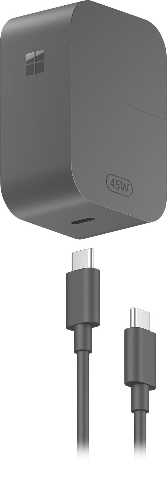 Ein schwarzer 45-W-USB-C-Stromadapter mit passendem Kabel und Stecker, mit einem kleinen Logo in der oberen Ecke des Geräts.
