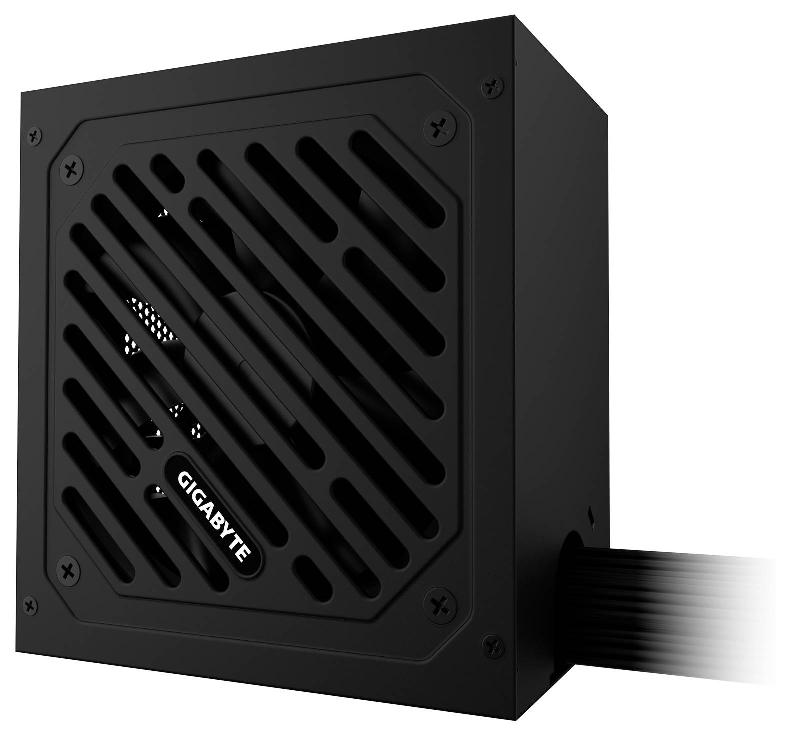 'Gigabyte' Marke Stromversorgungseinheit mit Lüfter und sichtbarem Belüftungsdesign, schwarzes Gehäuse und angeschlossene Stromkabel.