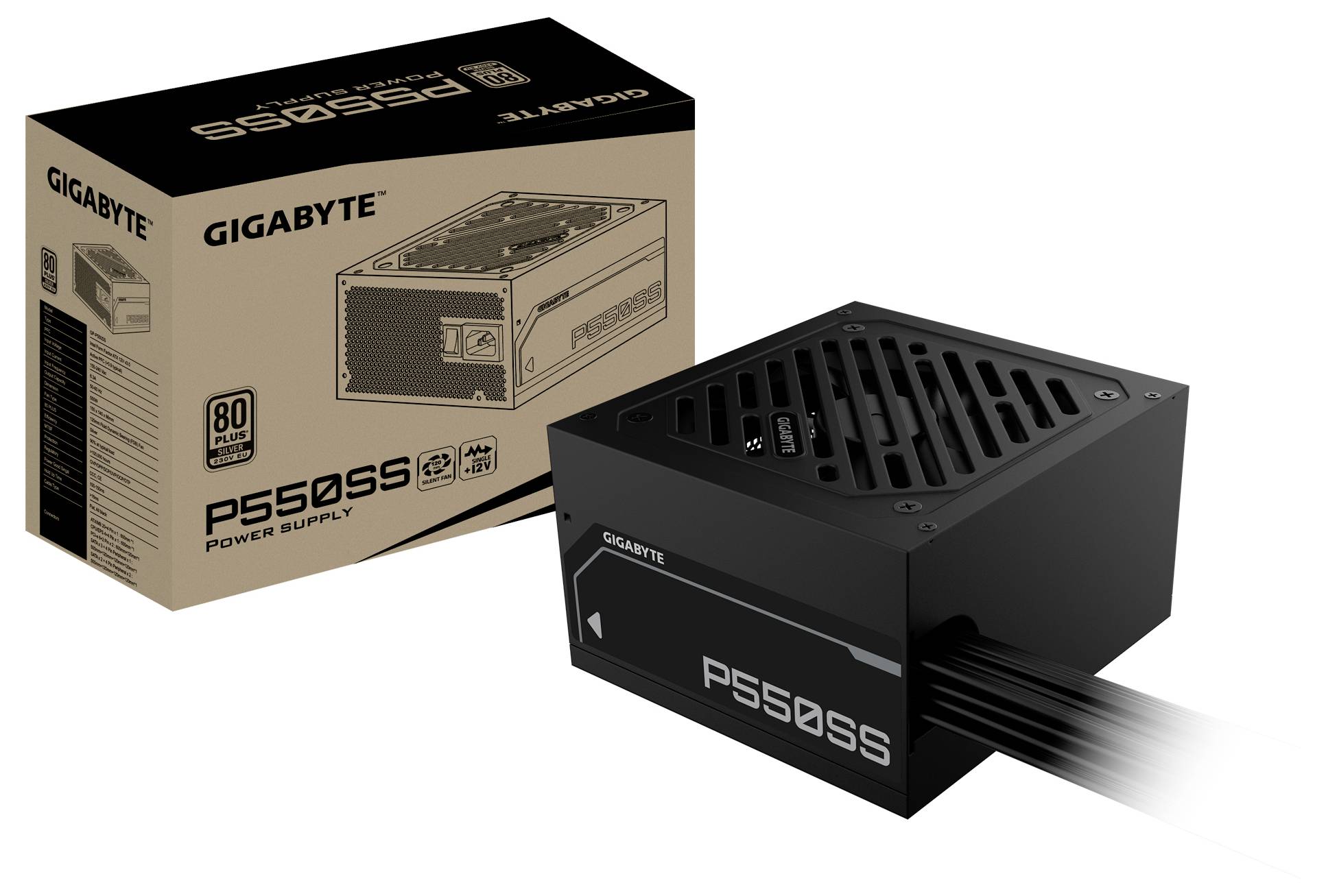 GIGABYTE P550B Netzteil-Einheit und Verpackung mit „80 Plus Bronze