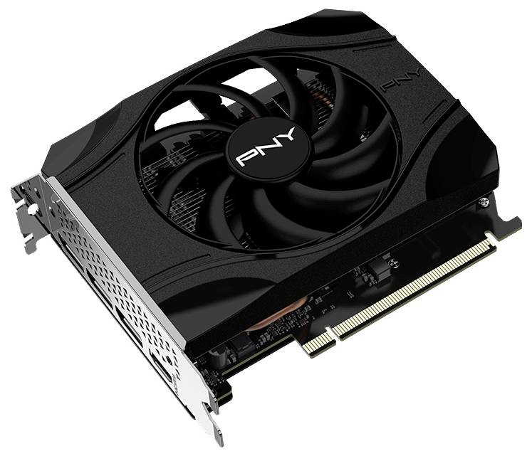 Eine schwarze PNY-Grafikkarte mit einem zentralen Kühlventilator und sichtbarem PCIe-Anschluss, entworfen zur Verbesserung der Grafikleistung von Computern.